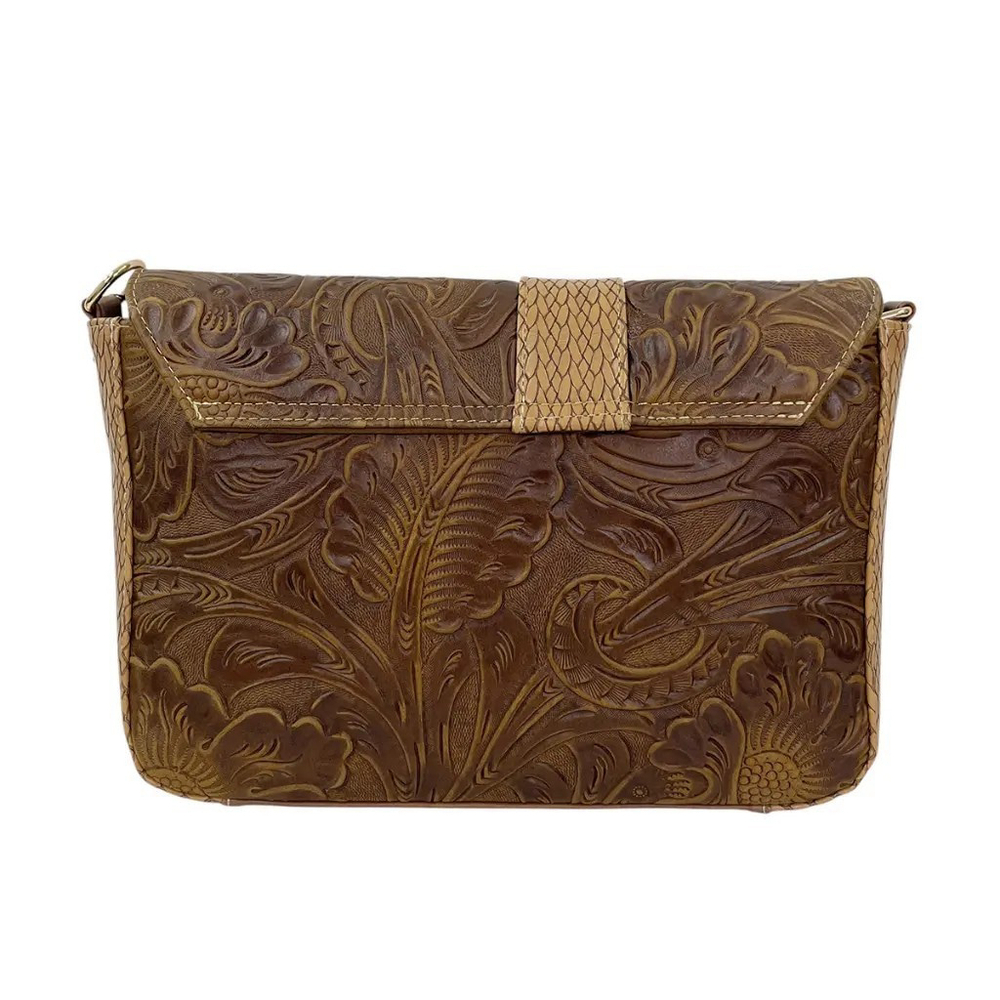 2 Straps Hazelnut Brown Embossed Tooled Artisan LEATHER Crossbody Purse Bolsa - Picture 6 of 16